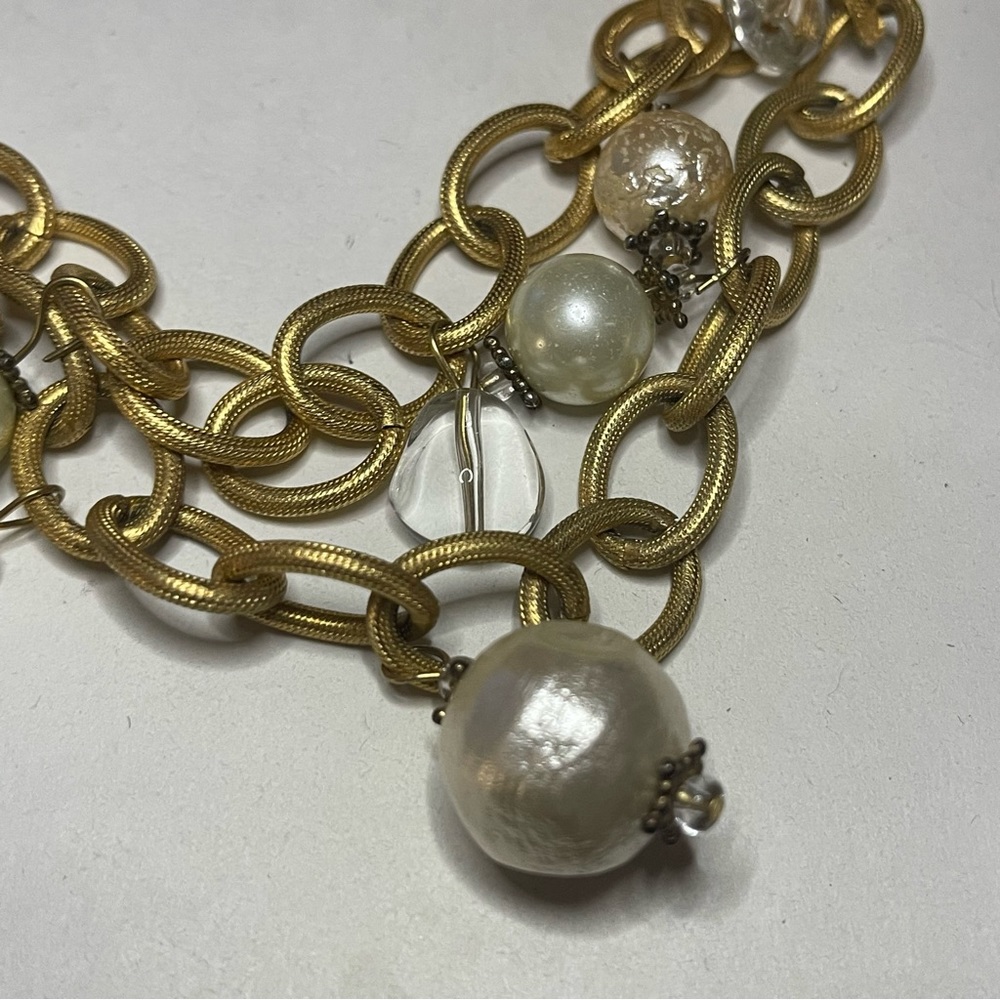 Vintage ANNE KLEIN Gold Plated Pearl Crystal Charm 2 Chain Tie Choker Necklace - Picture 10 of 14